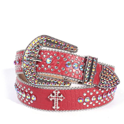 Y2K Bling Rhinestone Belt for Women Glitter Cross Studded Waist Strap Croc Texture Adjustable 105cm Dress Belt-Red
