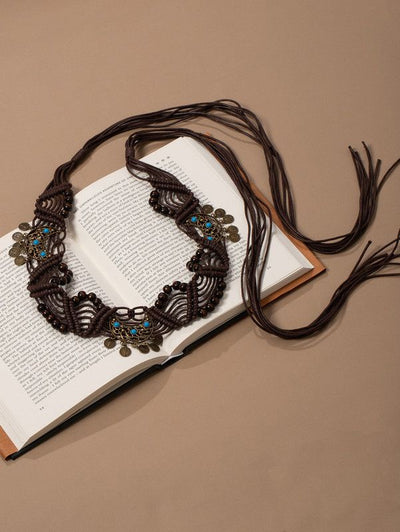 Boho Coin Turquoise Macrame Wide Waist Belt Hand Woven Fringe Drawstring Ethnic Dress Cincher Sash