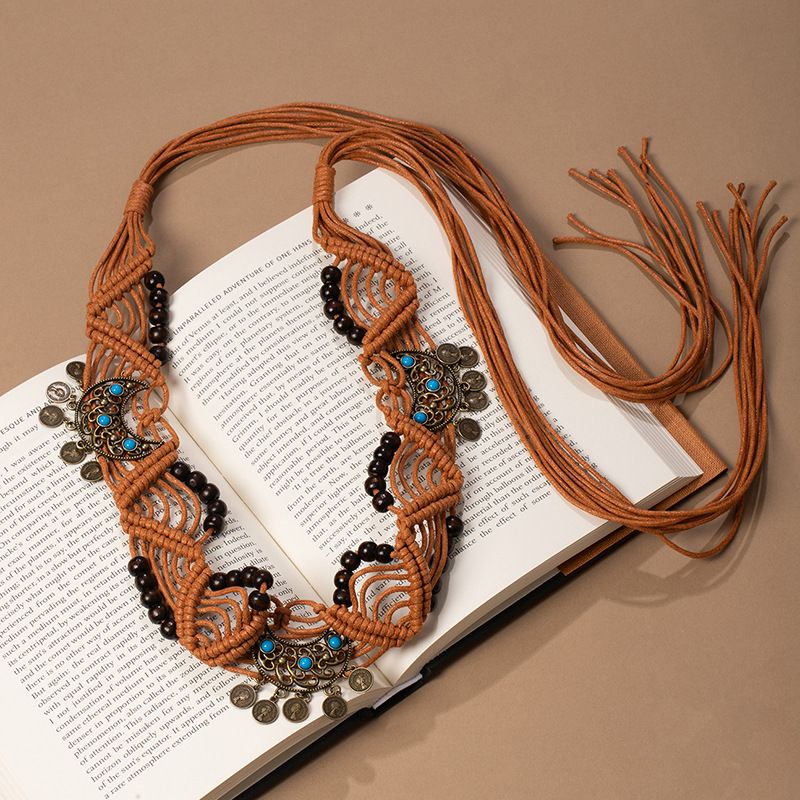 Rust Colour Macrame Coin Turquoise Wide Waist Sash Hand Woven Adjustable Fringe Boho Dress Belt