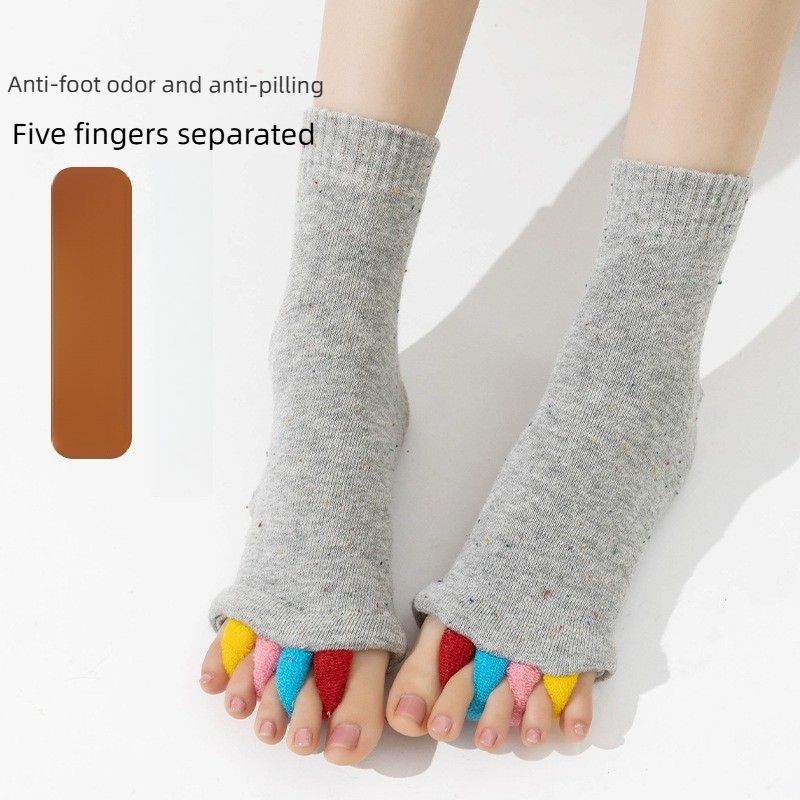 Five Toe Separator Yoga Socks Non Slip Open Toe Pilates Barre Foot Socks Breathable Stretch Studio Workout Socks-Gray
