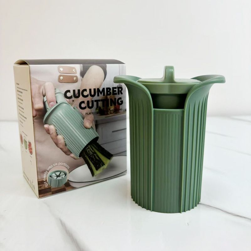 Multi Fruit Vegetable Slicer Cutter, 6 Even Portion Cucumber Strawberry Divider, Handheld Kitchen Fruit Cutting Tool-Green