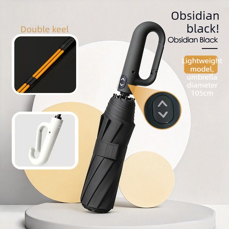 Automatic Open Close Folding Umbrella 105cm Large Canopy Windproof Double Ribs Travel Rain Umbrella-Black
