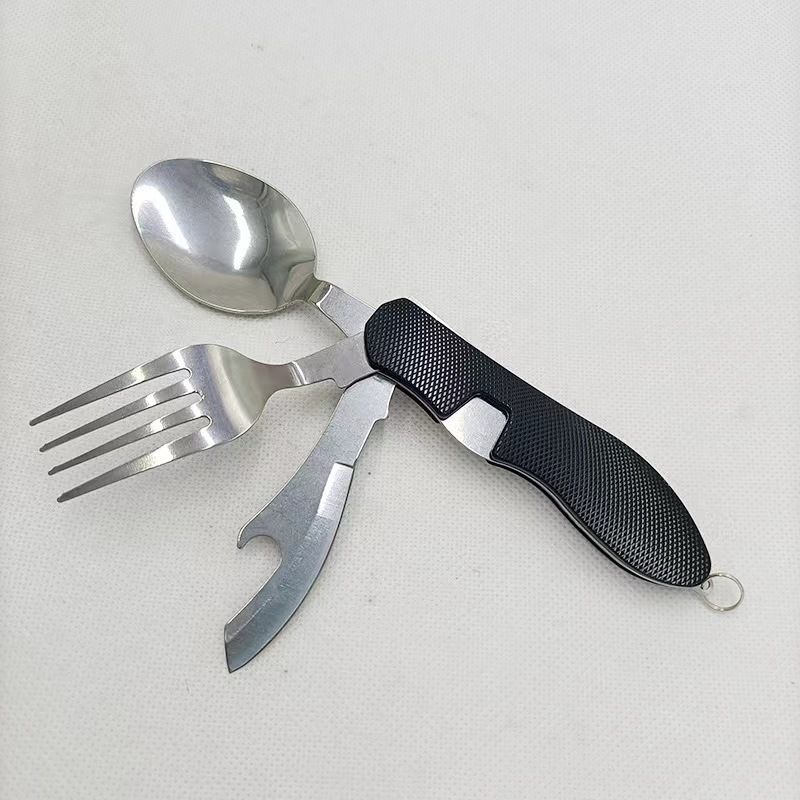Folding Camping Cutlery Set, Multi Function Stainless Steel Spoon Fork Combo for Picnic Hiking Travel Backpacking-Black
