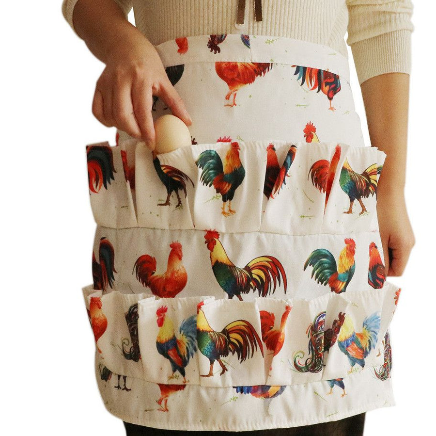 Vintage Rooster Print Egg Collecting Apron, Multi Pocket Egg Gathering Waist Apron, Farm Poultry Egg Holder Apron for Chicken Keepers