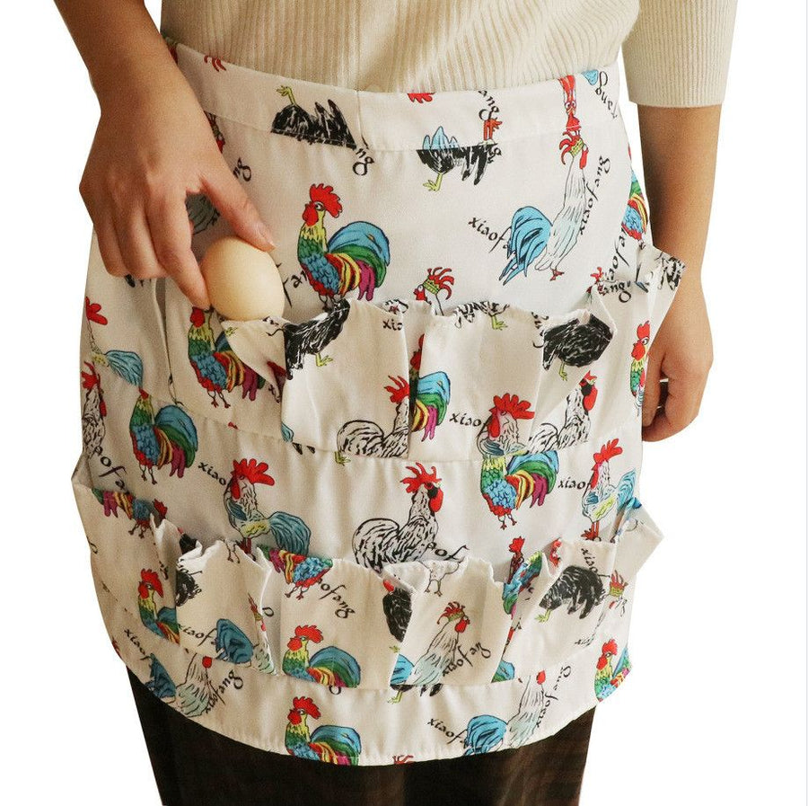 Sketch Rooster Print Egg Collecting Apron, Multi Pocket Egg Gathering Waist Apron, Sturdy Farm Egg Holder Apron for Poultry Farmers