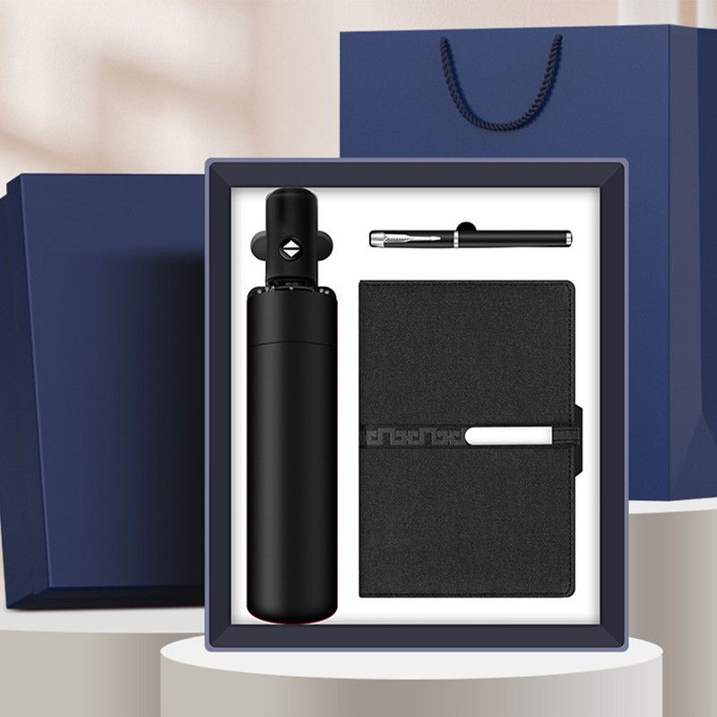 Business Gift Set Automatic Foldable Umbrella Notebook Pen, Premium Corporate Presentation Gift Hamper, Outdoor Office All In One Gift Box-black