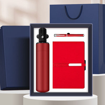 Business Gift Set Automatic Foldable Umbrella Notebook Pen, Premium Corporate Presentation Gift Hamper, Outdoor Office All In One Gift Box-red