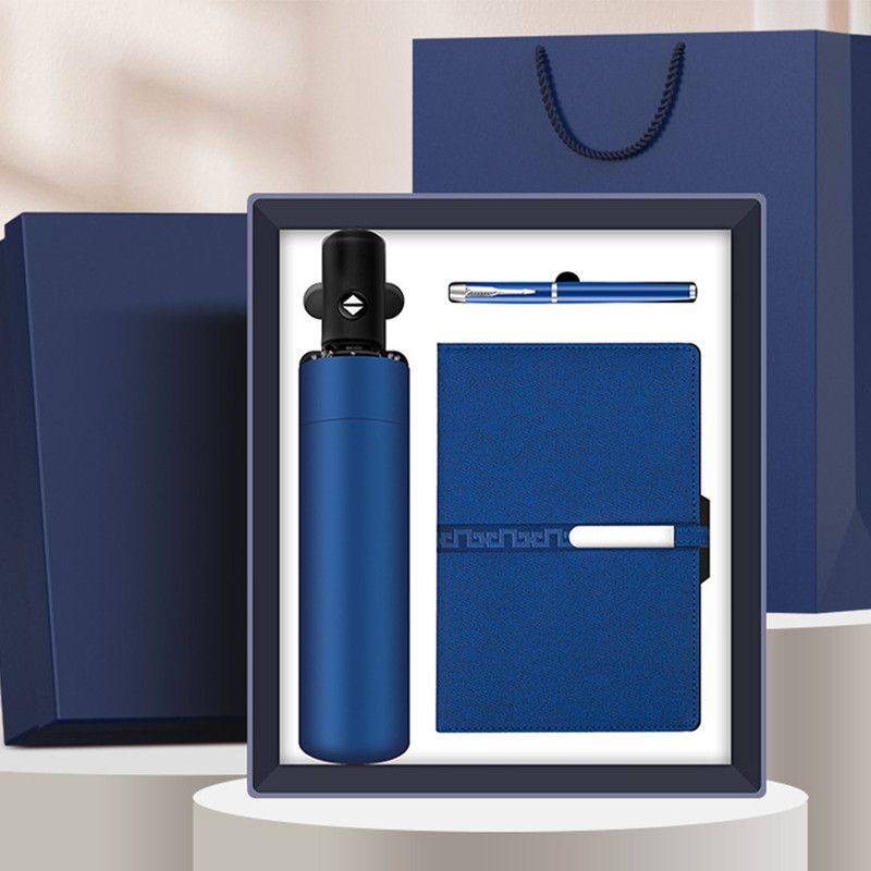 Business Gift Set Automatic Foldable Umbrella Notebook Pen, Premium Corporate Presentation Gift Hamper, Outdoor Office All In One Gift Box-blue
