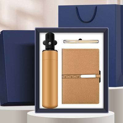 Business Gift Set Automatic Foldable Umbrella Notebook Pen, Premium Corporate Presentation Gift Hamper, Outdoor Office All In One Gift Box-golden