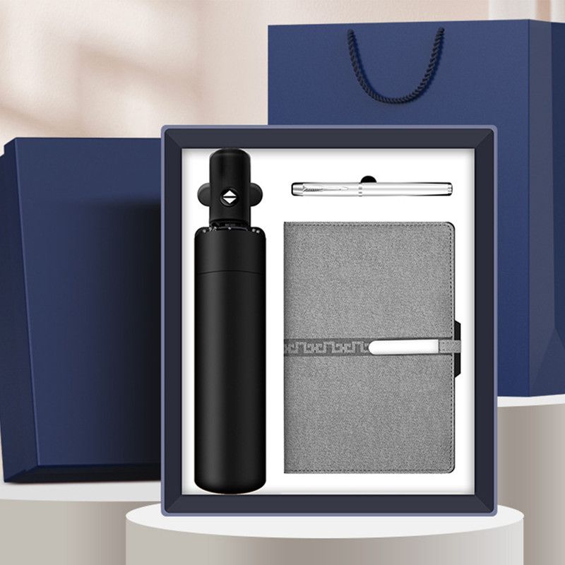 Business Gift Set Automatic Foldable Umbrella Notebook Pen, Premium Corporate Presentation Gift Hamper, Outdoor Office All In One Gift Box-gray