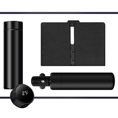 Luxury Corporate Gift Set Temperature Display Bottle Auto Umbrella Notebook, Premium Business Office Gift Hamper, All Weather Practical Employee Client Present-black