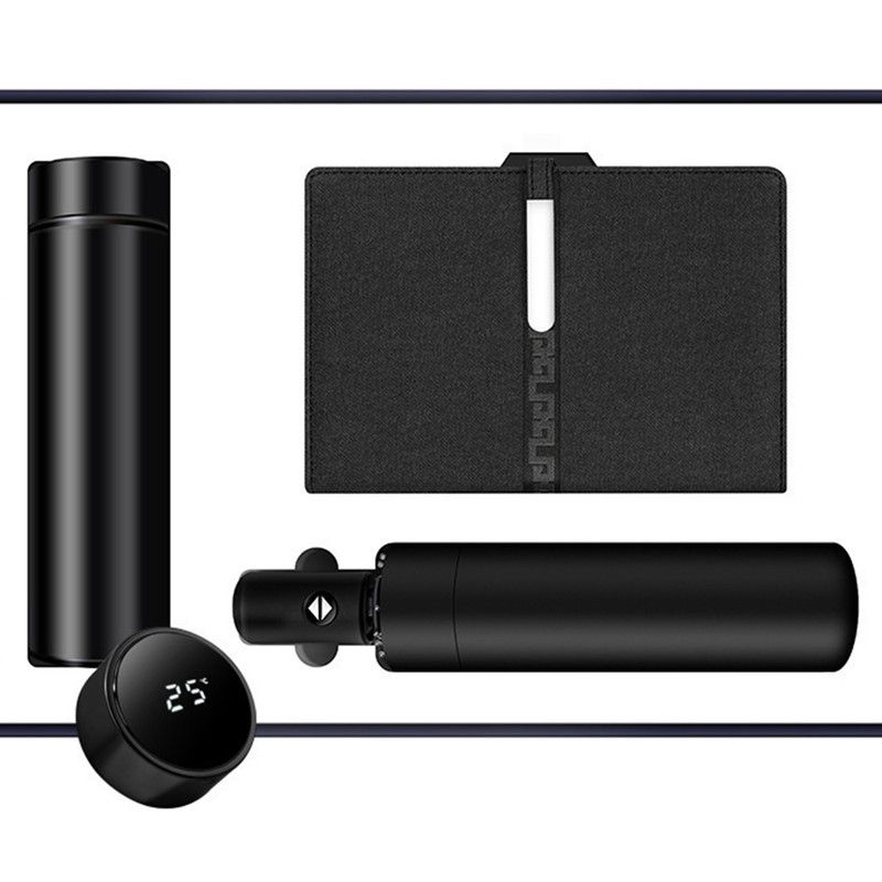 Luxury Corporate Gift Set Temperature Display Bottle Auto Umbrella Notebook, Premium Business Office Gift Hamper, All Weather Practical Employee Client Present-black