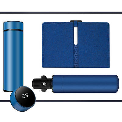 Luxury Corporate Gift Set Temperature Display Bottle Auto Umbrella Notebook, Premium Business Office Gift Hamper, All Weather Practical Employee Client Present-blue