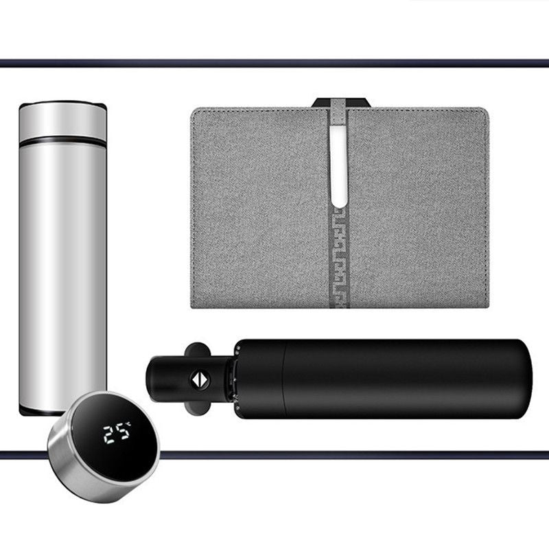 Luxury Corporate Gift Set Temperature Display Bottle Auto Umbrella Notebook, Premium Business Office Gift Hamper, All Weather Practical Employee Client Present-gray