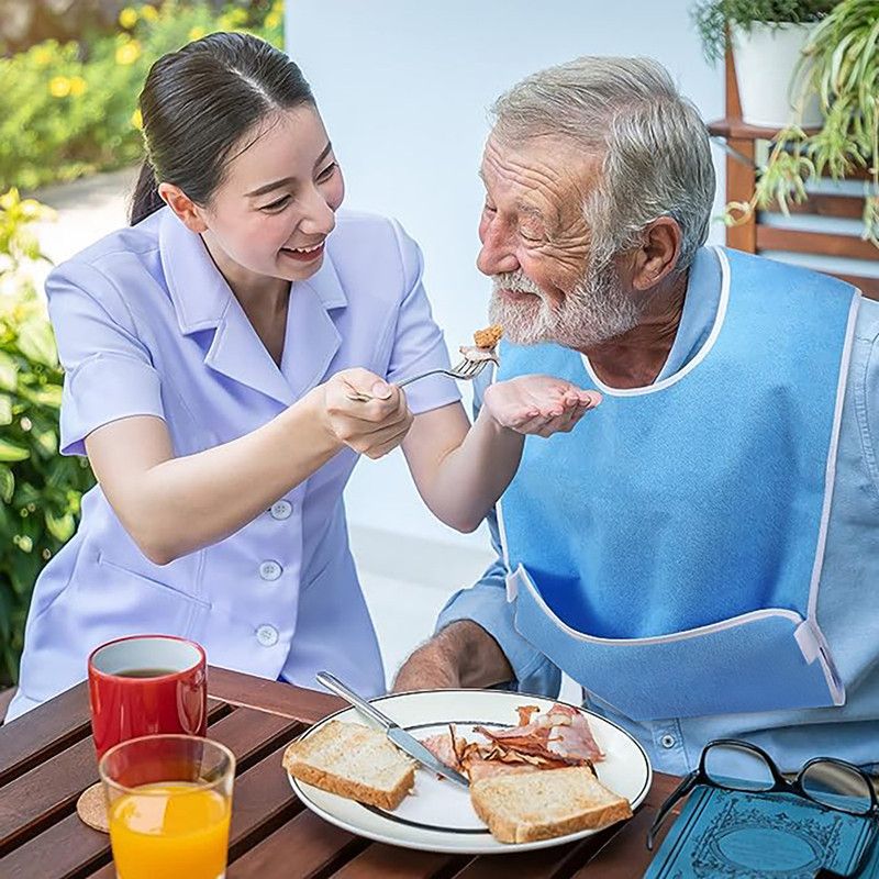 Waterproof Elderly Dining Bib With Food Catcher Pocket Reusable Washable Mealtime Protector For Adults
