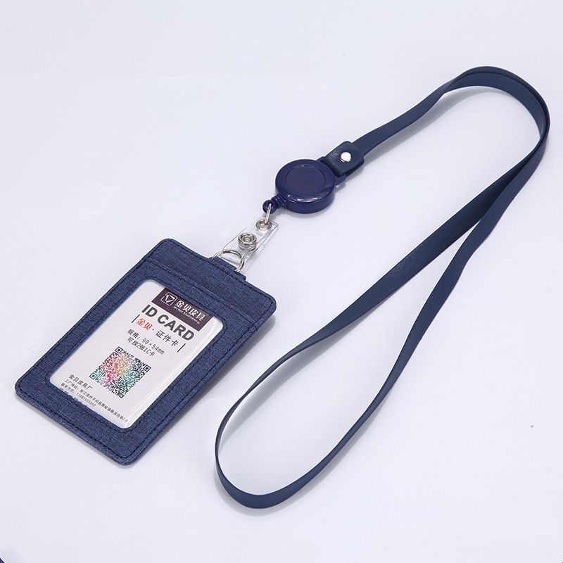 Retractable ID Badge Holder with Lanyard, PU Leather Work Card Holder for Office Staff Nurse Teacher Student ID Card-Dark Blue