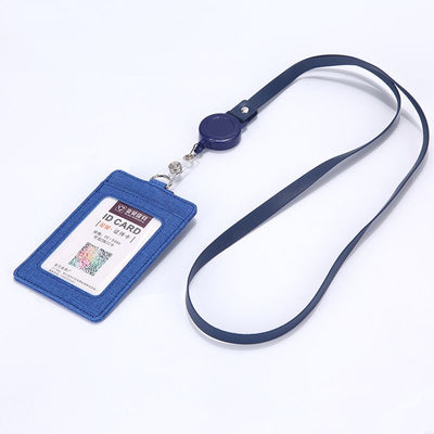 Retractable ID Badge Holder with Lanyard, PU Leather Work Card Holder for Office Staff Nurse Teacher Student ID Card-Royal Blue