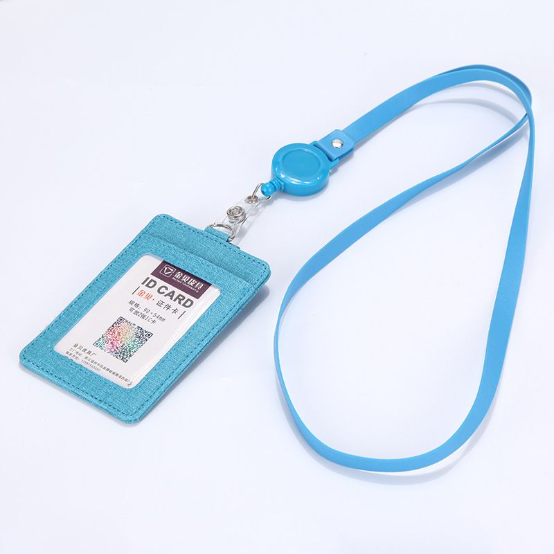 Retractable ID Badge Holder with Lanyard, PU Leather Work Card Holder for Office Staff Nurse Teacher Student ID Card-Light Blue
