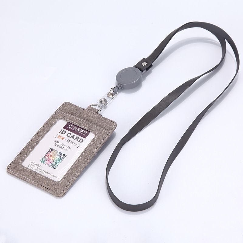 Retractable ID Badge Holder with Lanyard, PU Leather Work Card Holder for Office Staff Nurse Teacher Student ID Card-Gray