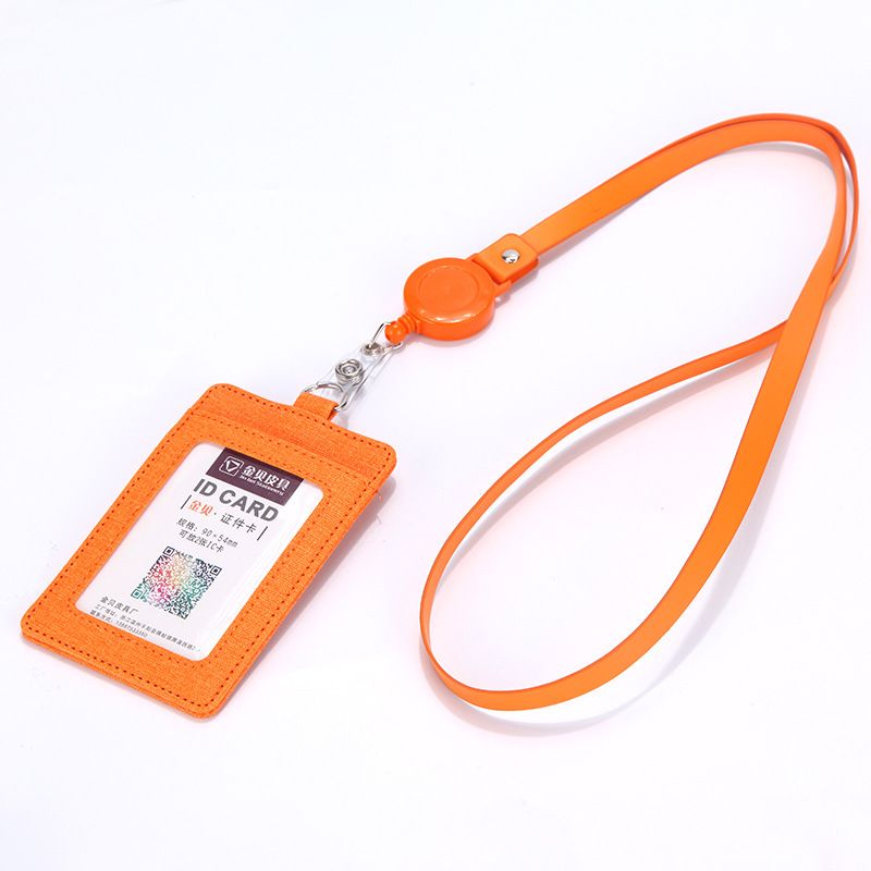 Retractable ID Badge Holder with Lanyard, PU Leather Work Card Holder for Office Staff Nurse Teacher Student ID Card-Orange
