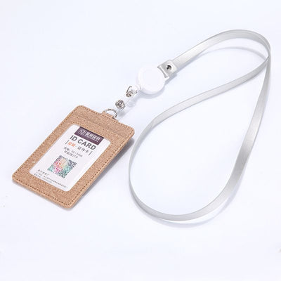 Retractable ID Badge Holder with Lanyard, PU Leather Work Card Holder for Office Staff Nurse Teacher Student ID Card-Beige