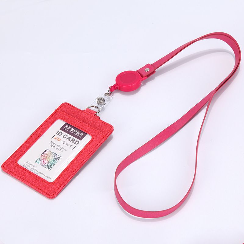 Retractable ID Badge Holder with Lanyard, PU Leather Work Card Holder for Office Staff Nurse Teacher Student ID Card- Red
