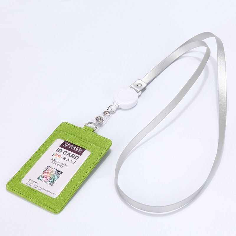 Retractable ID Badge Holder with Lanyard, PU Leather Work Card Holder for Office Staff Nurse Teacher Student ID Card-Green