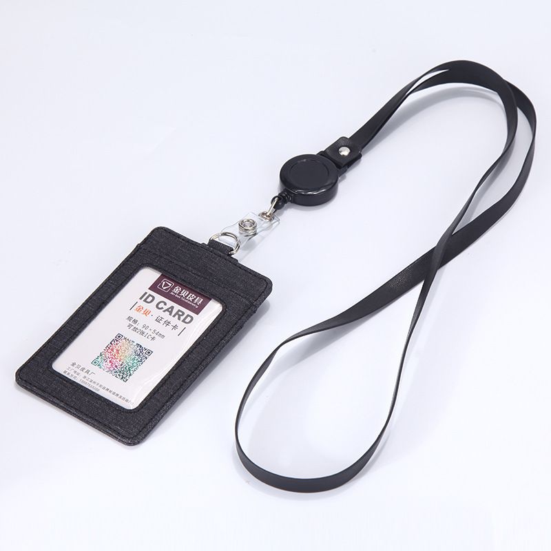 Retractable ID Badge Holder with Lanyard, PU Leather Work Card Holder for Office Staff Nurse Teacher Student ID Card- Black