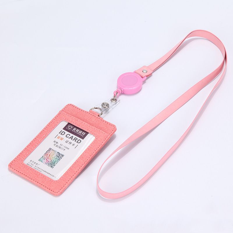 Retractable ID Badge Holder with Lanyard, PU Leather Work Card Holder for Office Staff Nurse Teacher Student ID Card- Pink