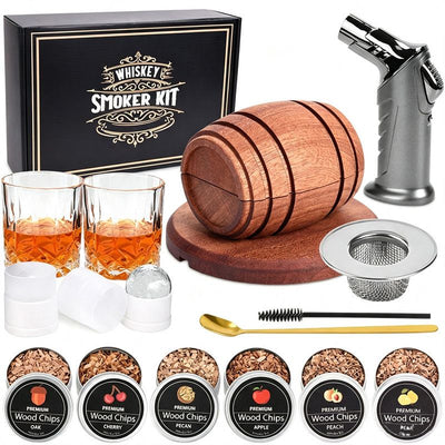 Cocktail Smoker Kit with Wood Chips, Whiskey Drink Smoker Gift Box, Old Fashioned Glasses, Spherical Ice Molds, Complete Home Bar Accessory Set