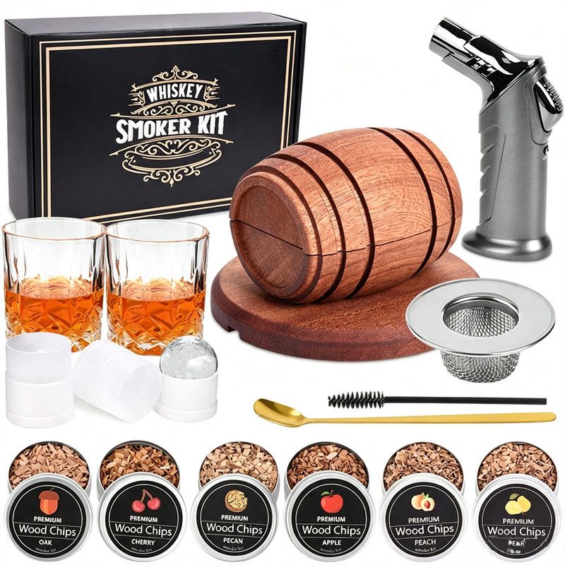 Cocktail Smoker Kit with Wood Chips, Whiskey Drink Smoker Gift Box, Old Fashioned Glasses, Spherical Ice Molds, Complete Home Bar Accessory Set