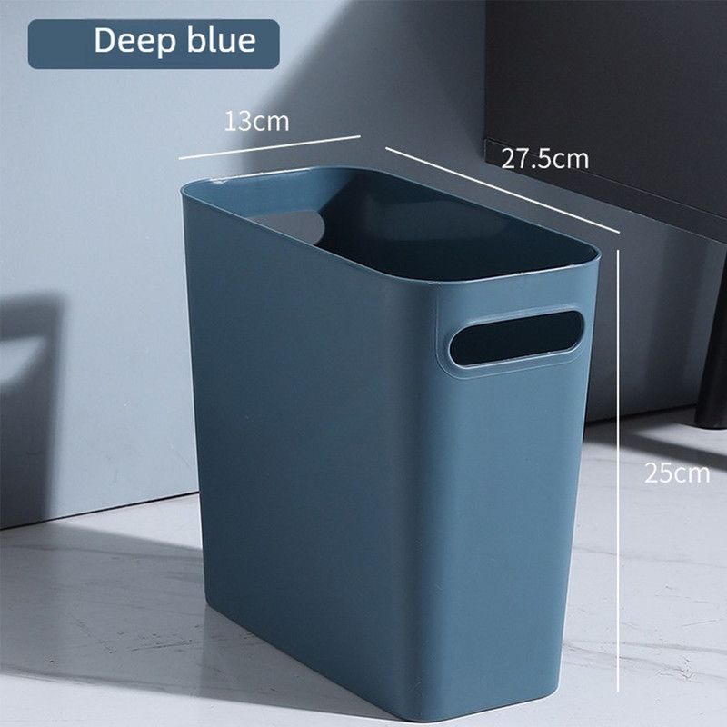 Slim Rectangular Bathroom Waste Bin, Narrow Profile Rubbish Bin with Carry Handles, Space Saving Bin for Toilet, Vanity, Laundry Room-Blue