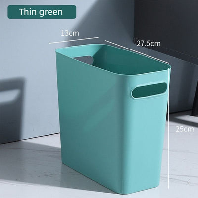 Slim Rectangular Bathroom Waste Bin, Narrow Profile Rubbish Bin with Carry Handles, Space Saving Bin for Toilet, Vanity, Laundry Room-Green