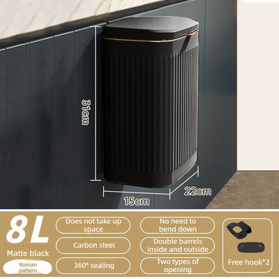 8L Wall Mounted Press Rubbish Bin, Slim Under Sink Hanging Waste Bin, Press Lid Trash Can for Kitchen Bathroom, Space Saving Cabinet Bin-Black