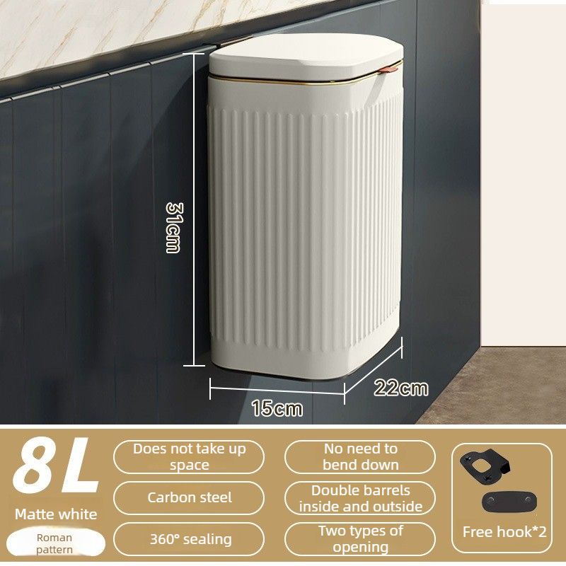 8L Wall Mounted Press Rubbish Bin, Slim Under Sink Hanging Waste Bin, Press Lid Trash Can for Kitchen Bathroom, Space Saving Cabinet Bin-White