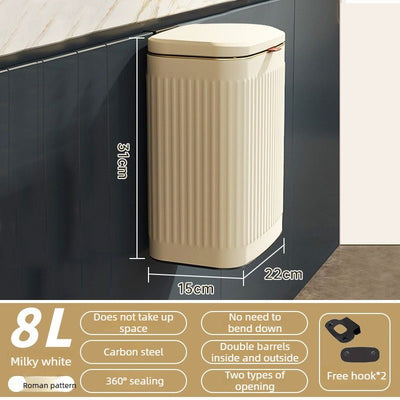 8L Wall Mounted Press Rubbish Bin, Slim Under Sink Hanging Waste Bin, Press Lid Trash Can for Kitchen Bathroom, Space Saving Cabinet Bin-Cream