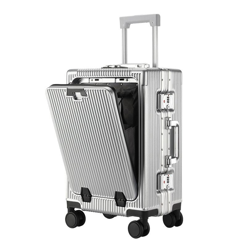 20 Inch Front Opening Carry On Luggage, Aluminium Frame Hard Shell Suitcase with Spinner Wheels, TSA Lock Cabin Travel Case-Light Gray