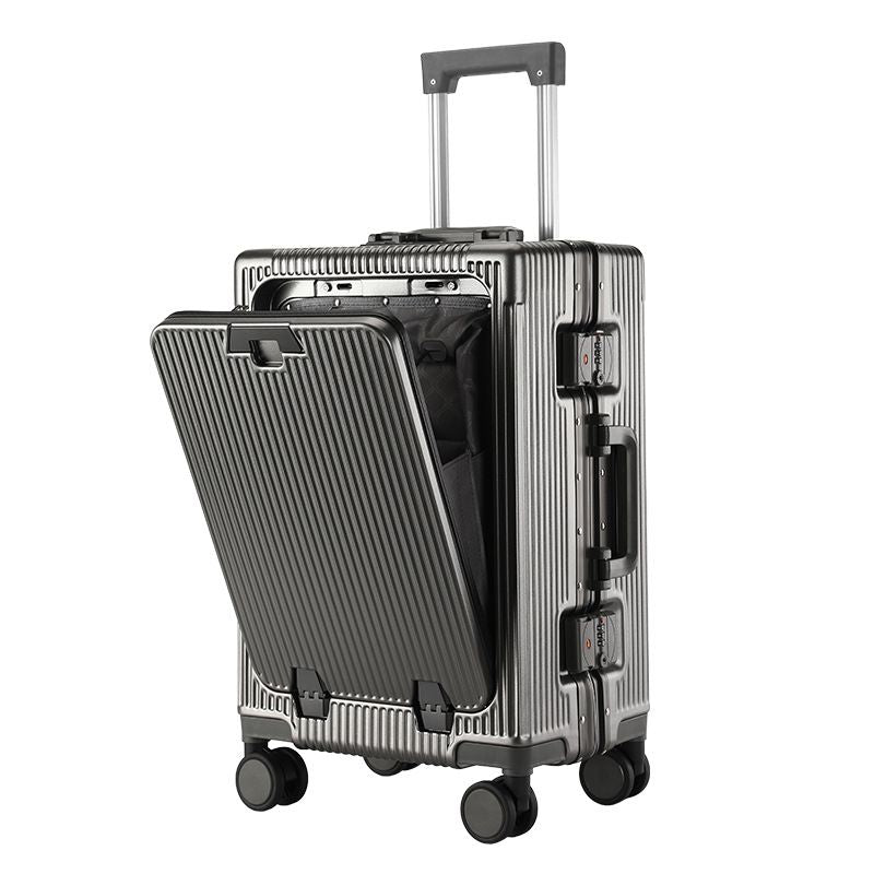 20 Inch Front Opening Carry On Luggage, Aluminium Frame Hard Shell Suitcase with Spinner Wheels, TSA Lock Cabin Travel Case-Dark Gray