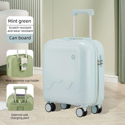 20 Inch Cute Carry On Suitcase, Hard Shell Cabin Luggage with USB Charging Port & Cup Holder, Lightweight Travel Trolley Case-Mint Green