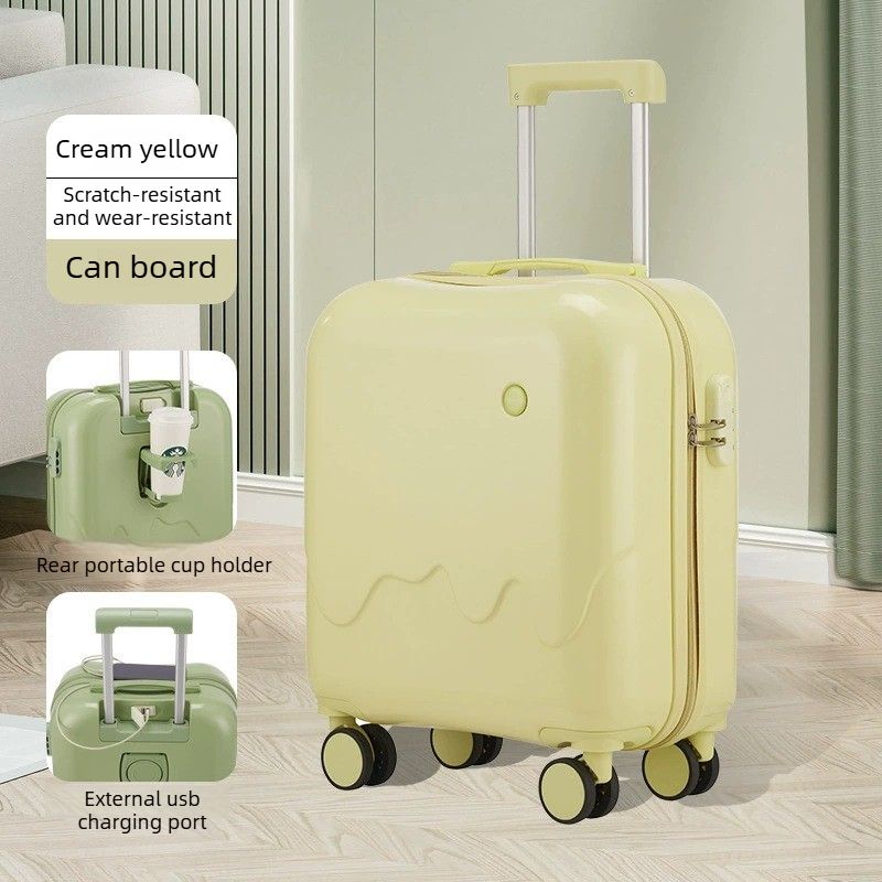 20 Inch Cute Carry On Suitcase, Hard Shell Cabin Luggage with USB Charging Port & Cup Holder, Lightweight Travel Trolley Case-Cream Yellow