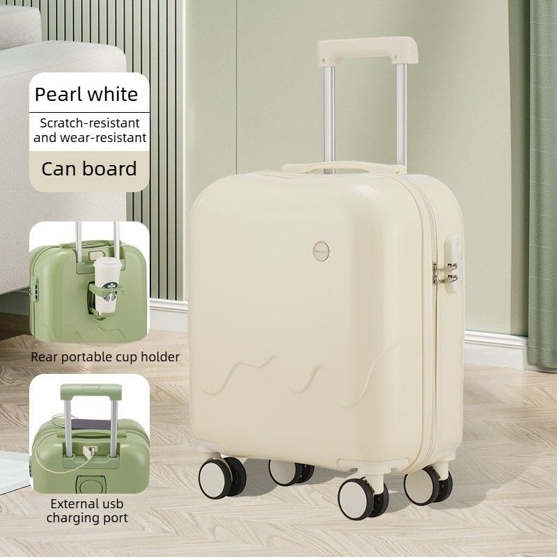 20 Inch Cute Carry On Suitcase, Hard Shell Cabin Luggage with USB Charging Port & Cup Holder, Lightweight Travel Trolley Case-Pearl White