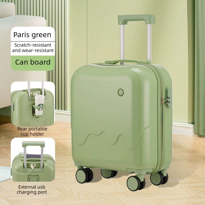 20 Inch Cute Carry On Suitcase, Hard Shell Cabin Luggage with USB Charging Port & Cup Holder, Lightweight Travel Trolley Case- Matcha Green