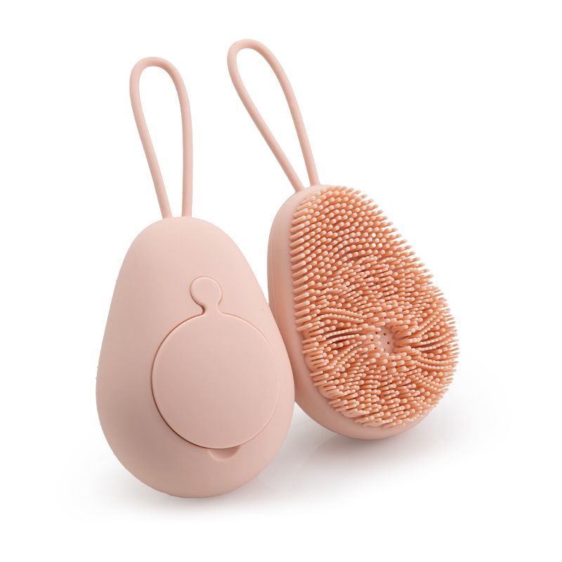 Avocado Shape Silicone Bath Brush Refillable Body Shower Brush with Hanging Loop-Pink