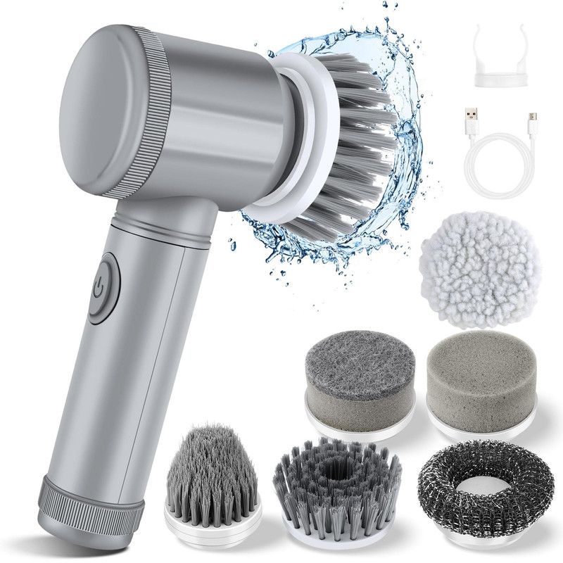 Handheld Electric Cleaning Brush with 6 Replaceable Brush Heads Rechargeable Multi Purpose Scrubber for Kitchen Bathroom