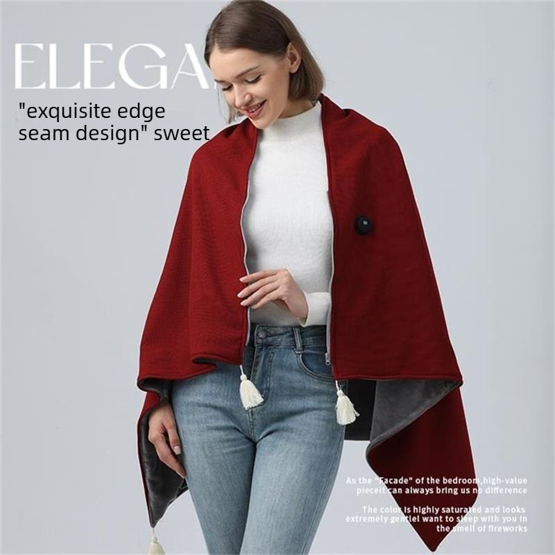 USB Heated Shawl Wrap Blanket, Portable Electric Heating Poncho for Office Desk, Travel & Lounging-wine red