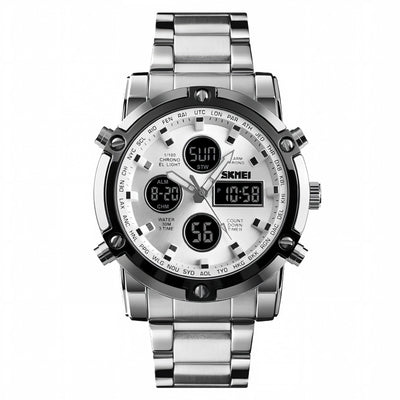 Men's Dual Display Analog Digital Watch, Silver Stainless Steel 30M Waterproof Sports Watch