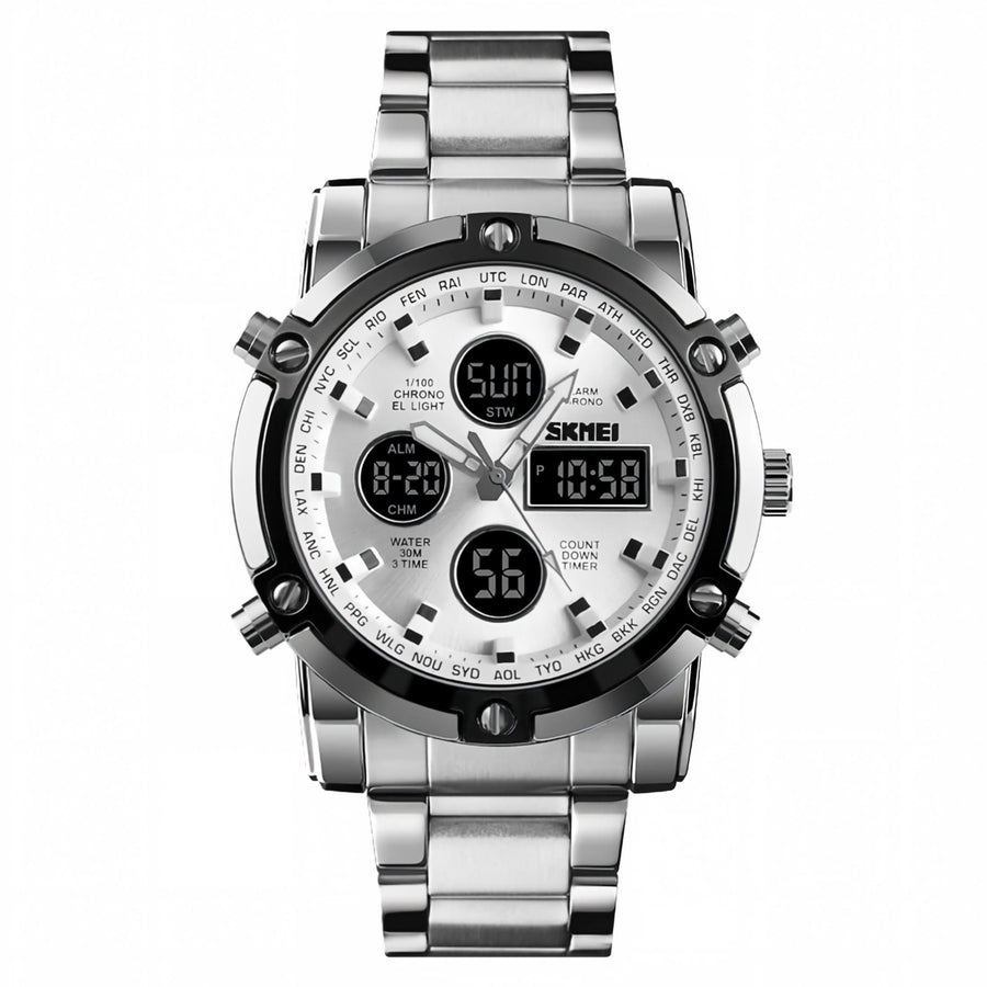 Men's Dual Display Analog Digital Watch, Silver Stainless Steel 30M Waterproof Sports Watch