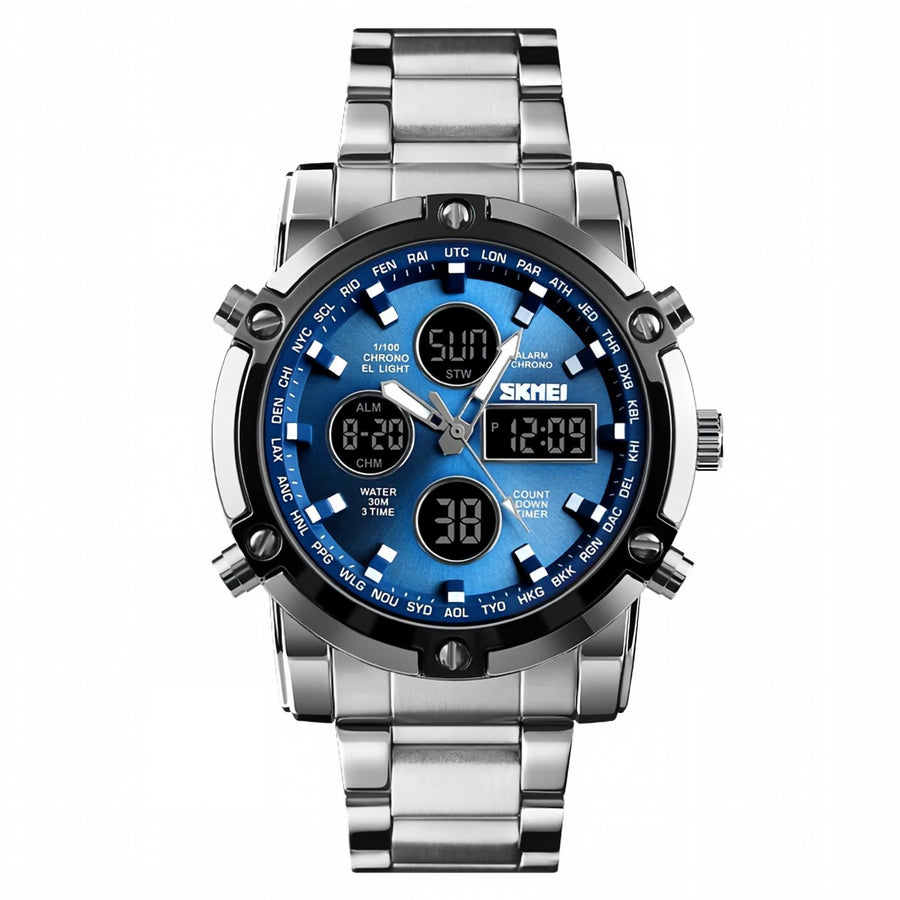 Men's Dual Display Analog Digital Watch, Silver Case Blue Dial 30M Waterproof Sports Watch