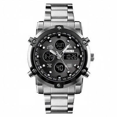 Men's Dual Display Analog Digital Watch, Silver Case Black Dial 30M Waterproof Sports Watch
