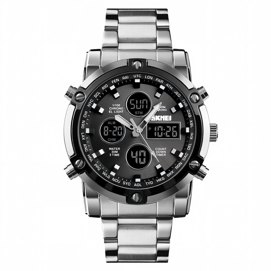 Men's Dual Display Analog Digital Watch, Silver Case Black Dial 30M Waterproof Sports Watch